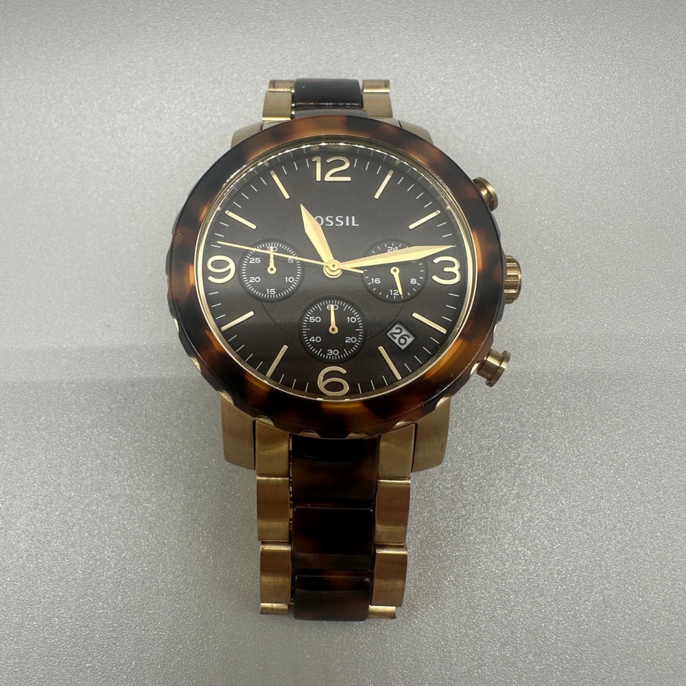 Fossil Nate Chronograph Watch Mens Gold Tortoise Shell Stainless Steel JR1382
